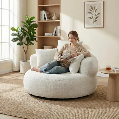 A woman is reading a book while sitting on a large, round, beige bean bag chair in a living room.