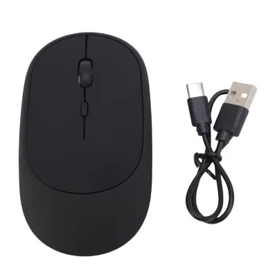 A black wireless computer mouse and its charging cable are displayed on a white background.