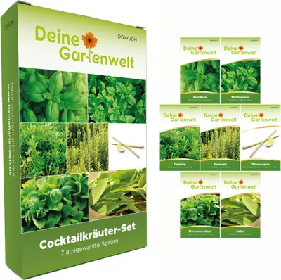 Produktbild von Cocktailkräutersamen Set - 7 Sorten Samen - Saatgut Sortiment - Anzuchtset für Kräuter - Geschenkset - Basilikum, Pfefferminze, Zitronengras, Zitronenmelisse und mehr