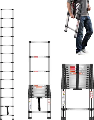 Obrázok produktu pre VEVOR teleskopický rebrík, dĺžka 3740 mm, výsuvný rebrík z nehrdzavejúcej ocele, skladací rebrík s nosnosťou 150 kg (75°) a protišmykovými nožičkami, prenosný 13-stupňový rebrík do domu, karavanu, podkrovia