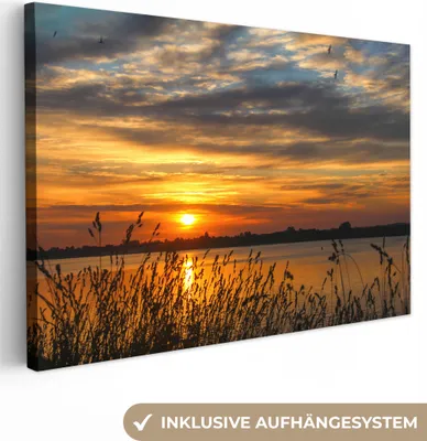 Produktbild von MuchoWow® - Leinwandbilder - Sonnenuntergang - Meer - Horizont - Himmel - Pflanzen, Wandbild, Wanddeko Bilder Wohnzimmer, 120x80 cm