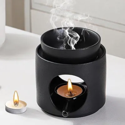 Image de Lampe à arômes en céramique pour huiles essentielles et huiles parfumées - Lampe à arômes avec support pour bougie chauffe-plat - Détente et ambiance - Céramique - Noir