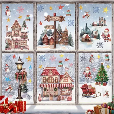 Productafbeelding van Kerstscène, raamsticker, sneeuwpop, kerstman, sneeuwvlokken, sterren, hulsttak, feestdecoratie