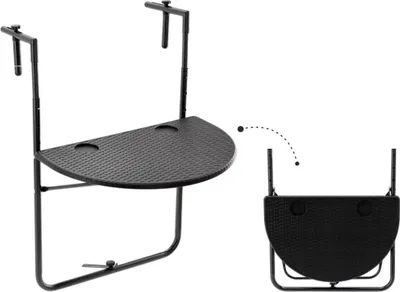Produktbild von Klappbarer Hängetisch für den Balkon - Platzsparender Balkontisch mit gebogener Form - Verstellbare Geländerhalterung - Metall - Schwarz [DA01189A]