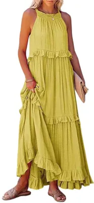 Produktbild von ASKSA Damen Langes Kleid Sommer Big Swing Strandkleid y Kleid Women Cover up Bikini Maxi Beachwear Kleider, Gelb, Groesse: XXL