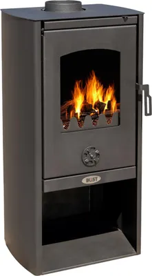 A black wood-burning stove with a glass door showing a fire inside, set against a white background.