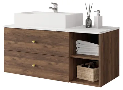 Produktbild von MIRJAN24 Waschbeckenschrank Kertos mit Waschbecken, mit Siphon, mit zwei Schubladen (Farbe: Nuss Warmia / Nuss Warmia + Marmor Bianco)