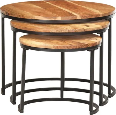 A set of three nesting tables with round wooden tops and black metal frames.