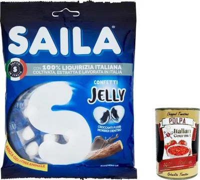 Produktbild von 12x Saila Jelly Liquirizia, Bonbons Süßigkeiten Lakritze, 100% italienisches Lakritze 75g + Italian Gourtmet polpa 400g