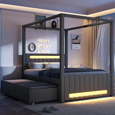 Produktbild von 140x200 cm großes Polster-Himmelbett mit Ausziehbett und drei Schubladen, LED-Beleuchtung, Grau