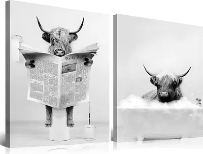 Produktbild von 2er Set Badezimmer Bilder Mit Rahmen Leinwand Hochland Kuh Schwarz Weiß 30x40 cm