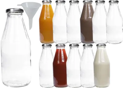 12 Glasflaschen 500 ml mit Schraubdeckel silber + Trichter