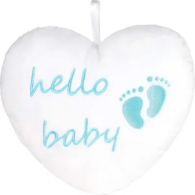 Immagine prodotto di BRUBAKER Cuore di peluche Hello Baby 25 cm - regalo per la nascita - cuscino decorativo a cuore in peluche - decorazione per la stanza del bambino - cuscino per neonati - bambino azzurro blu