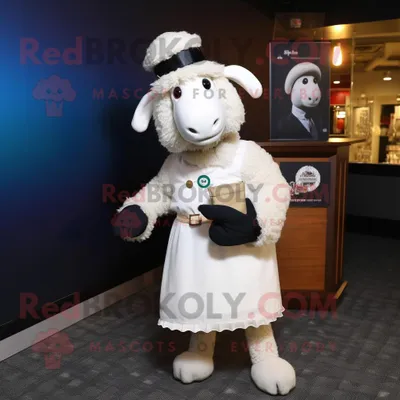 Produktbild von Weiße REDBROKOLY Suffolk-Schaf Maskottchen Kostüm figur bekleidet mit einem Cocktailkleid und Baskenmützen