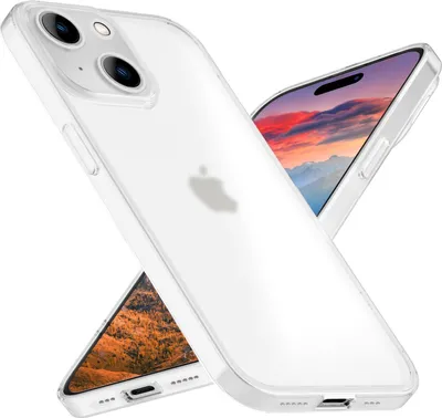 A clear protective case for an iPhone is shown, with two iPhones visible, one in the foreground and one slightly behind and to the side. The iPhones display colorful landscape wallpapers.