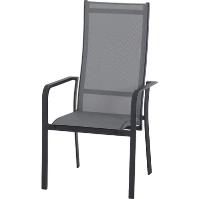 A single dark gray garden chair with a mesh seat and back is shown against a white background.