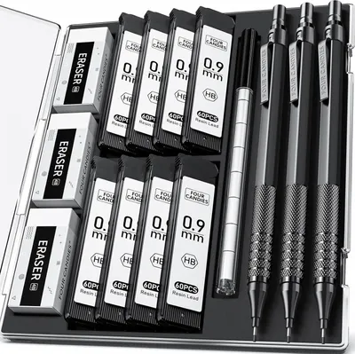 Zdjęcie produktu dla Zestaw metalowych ołówków mechanicznych 0,9 mm z etui, 480 ołówków HB, gumki, wkłady