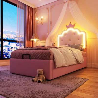 Image de Merax Lit rembourré 90x200 cm, Lit de princesse Lit d'enfant avec espace de rangement hydraulique, LED, sommier à lattes, forme de couronne, lit plat, lit d'adolescent, PU, rose