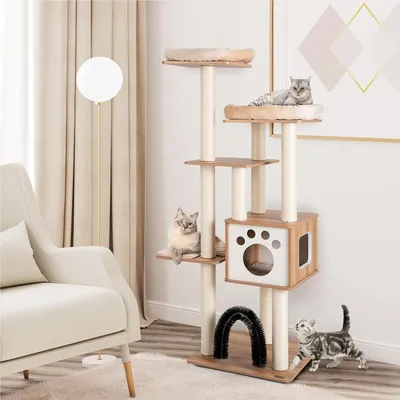 Productafbeelding van Kattentoren - Krabpaal - Kattenmeubel - Klimpaal - Kattenhuisje - Beige Houten Design - 177 cm Hoog