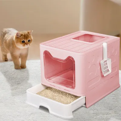 Produktbild von Katzentoilette mit Schaufel Katzenklo mit ausziehbarer Schale Faltbar 41×51×38cm Rosa