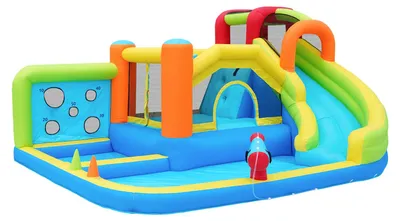 Produktbild von Aufblasbare Hüpfburg - Outdoor Wasserpark - Doppelte Rutsche - Kletterwand - Wasserkanone - Mit Gebläse - Für Kinder ab 14 Jahren