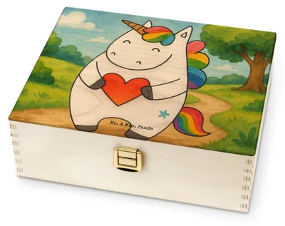 Produktbild von Mr. & Mrs. Panda Teebox Einhorn Herz Design - Weiß - Geschenk, für Paare, Tee-Aufbewahrungsbox, Teedose aus Holz, Schlimm, Einhörner, Unicorn, Freundin, Tee Kiste, Lustig