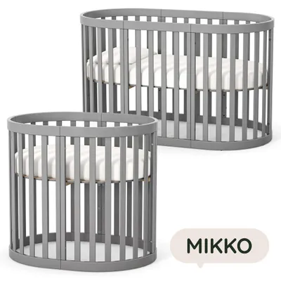 Obrázek produktu pro Oválná rostoucí přístavná dětská postýlka Mikko Gekko 2 v 1 – kolébka o rozměrech 90×70 cm a postýlka 140×70 cm. Grafitová.