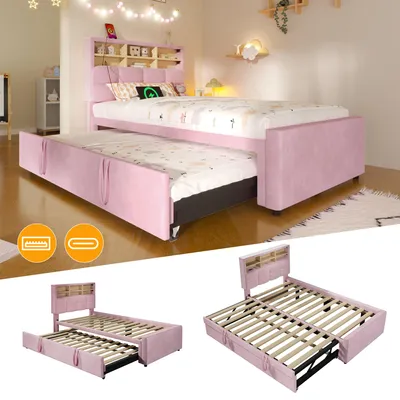 Image de Lit de jour 90 x 200 cm, convertible en lit double 180 x 200 cm, avec ports USB-A/USB-C, espace de rangement ouvert et lit escamotable 90 x 190 cm, en velours, de couleur rose, sans matelas