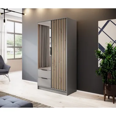 Produktbild von Zweitüriger Kleiderschrank NELA mit Lamellen 105 cm, Grau / grau + Artisan Eiche