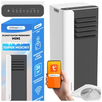 A collage of a portable air conditioner, its packaging, and a hand holding a smartphone displaying the product's app.