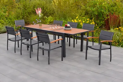 Produktbild von Merxx Gartenmöbelset "Paxos" 9tlg. mit Ausziehtisch 180/240 x 100 cm - Aluminiumgestell Graphit mit Akazienholz und Textilbespannung Anthrazit