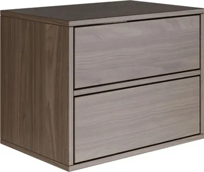 A product shot of a wooden nightstand with two drawers.