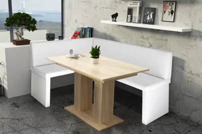 Produktbild von Eckbankgruppe 168x128 cm ROBIN R Weiss / Esstisch DANTE Sonoma Eiche
