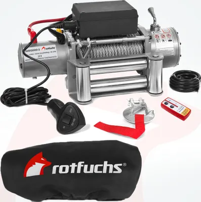 Produktbild von ROTFUCHS Elektrische Seilwinde 12v mit Funkfernbedienung & Schutzhülle – 5909 kg 13000 lbs, 6 PS Power Offroad 4x4 Motorwinde Forst Seilzug
