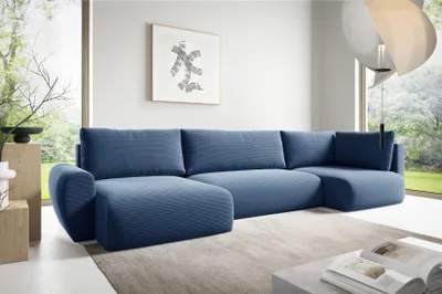 Produktbild von Ecksofas in U-Form ANTONIO MINI BOSS XL 385x153cm, Wohnlandschaft mit Schlaffunktion & Bettkästen, Eckarniutur / Bezug - Cord in Türkis, Blau