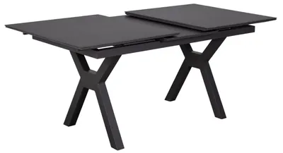 A dark gray extendable dining table with an X-shaped base is shown against a white background.