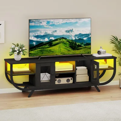 Produktbild von TV-Schrank für bis zu 65 Zoll mit LED-Leuchten, Fernsehtisch, Fernsehbank mit offenen Regalen, Metallrahmen, 140 x 35 x 45 cm, Schwarz