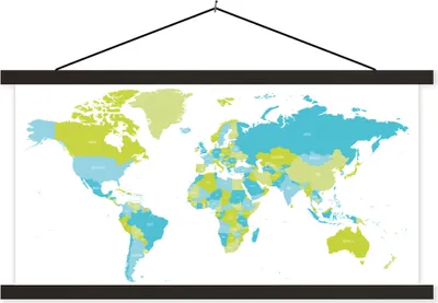 Produktbild von MuchoWow® Textilposter Weltkarte - Grün - Blau 150x75 cm mit schwarzem Rahmen - Posterleiste