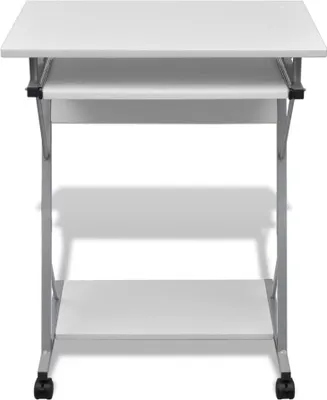 A white computer desk with two shelves and wheels, shown from the front on a white background.