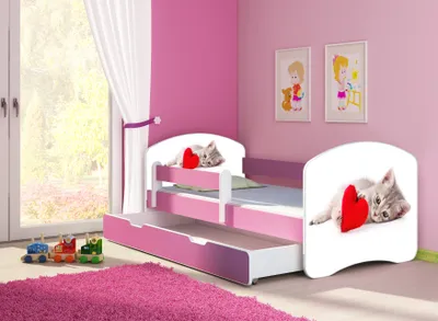 Produktbild von ACMA Jugendbett Kinderbett Junior-Bett Komplett-Set mit Matratze Lattenrost und Rausfallschutz Rosa 40 Katze mit Herz 140x70 + Bettkasten
