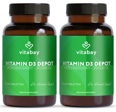 Produktbild von Vitabay Vitamin D3 Depot 20.000 I.E. - 480 Vegane Tabletten Hochdosiert & Vegan - ohne unerwünschte Zusätze - Trägt zur Unterstützung des Immunsystems und zur Erhaltung normaler Knochen bei