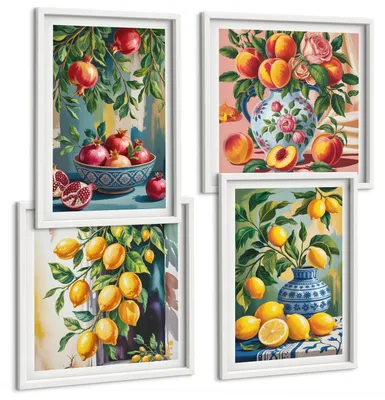 Produktbild von Bilder Set 4-teilig im weißen Rahmen – Wandbilder 4 Stück – gerahmte Poster für Wohnzimmer, Schlafzimmer und Flur – 50x50 cm - 40x60 cm – Fruchtzusammensetzungen
