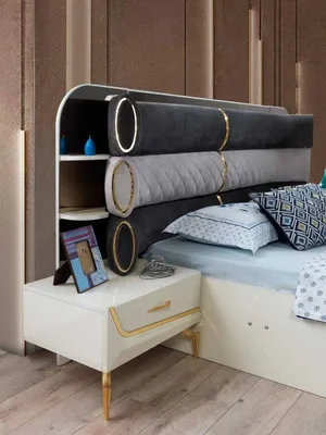 Image de Chambre à coucher Lit 2 tables de chevet avec espace de rangement, style moderne Meubles en bois Luxe