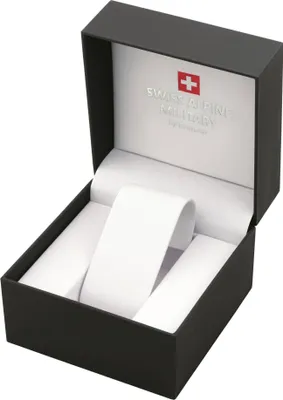 An open black watch box with a white interior and a white watch holder.