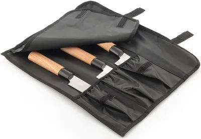 Immagine prodotto di InnovaGoods® Set di coltelli da cucina con fodero per il trasporto, coltelli con manici in legno, coltello per sfilettare, santoku e ascia, lame in acciaio inox stile damasco da 2,5 mm (3 PCS)