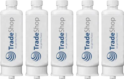 A row of five identical white water filters with the 'TradeShop' logo and slogan.