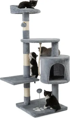 A multi-level cat tree with several cats on it, against a white background.
