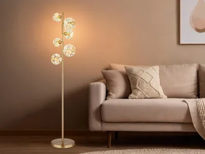 Produktbild von Globo Lighting Stehleuchte Metall goldfarben, K9 Kristalle klar, Kabel PVC transparent, Fußtrittschalter im Kabel, LxBxH: 280x360x1550mm,