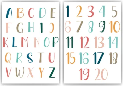 Produktbild von ABC Kinderposter 2er Set Alphabet Lernposter Buchstaben & Zahlen | Kinderzimmer Wandbilder Kindergarten Grundschule Kinder Lernhilfe Poster – DIN A4 (21x29.7cm)