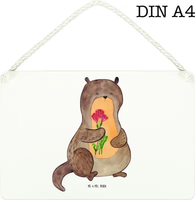 Produktbild von Mr. & Mrs. Panda hängeschild Otter Blumenstrauß DIN A4 - Weiß - Geschenk, Schild, Wandbild Holz, wandtafel, Süß, Seeotter See, Türschild, holzbild, Holzschild, Niedlich